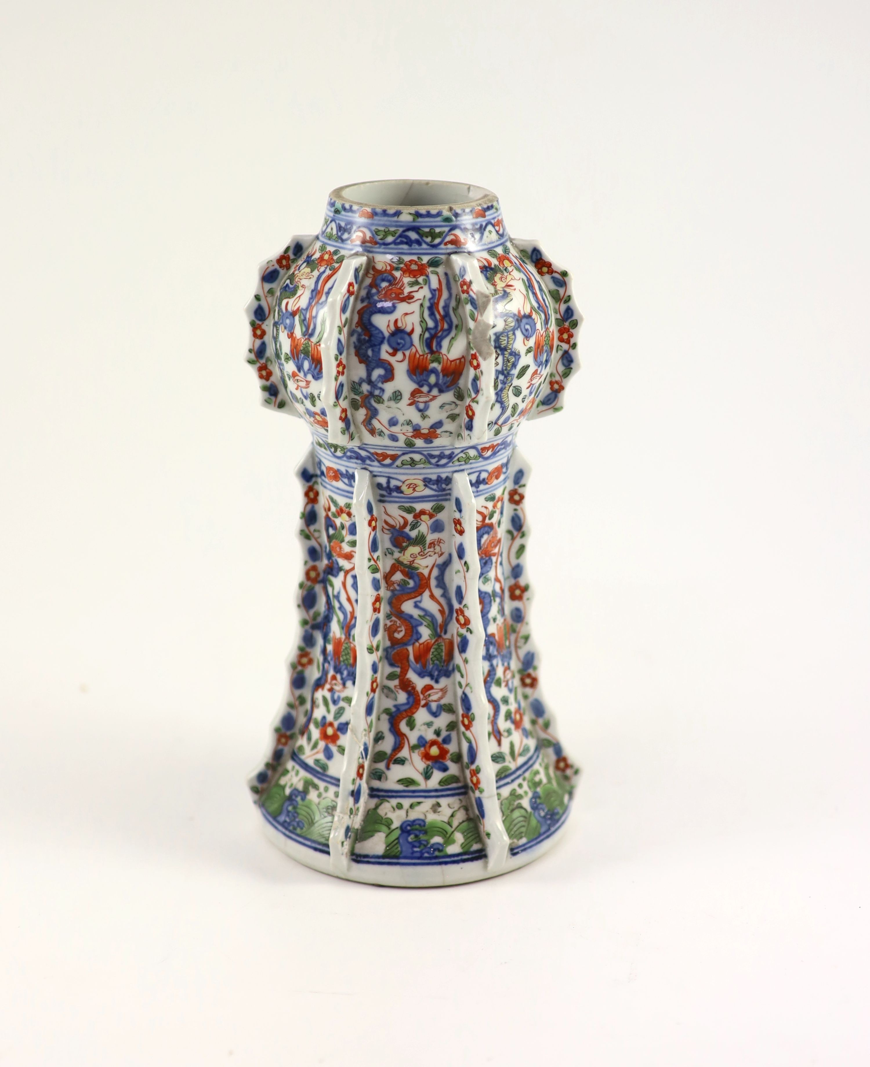 A Chinese wucai beaker vase, gu, Kangxi period, 23.5cm high, neck reduced